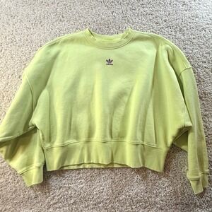 Adidas Originals Womens Cropped Lime Sweatshirt M Trefoil Logo Athletic Sporty